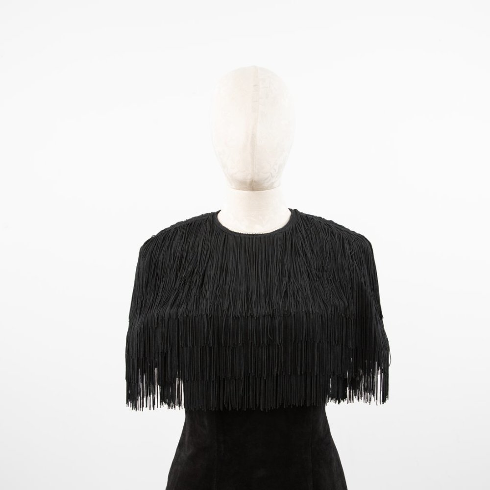 Vintage S/M Fringe Suede Leather Midi Dress Black - Picture 9 of 12